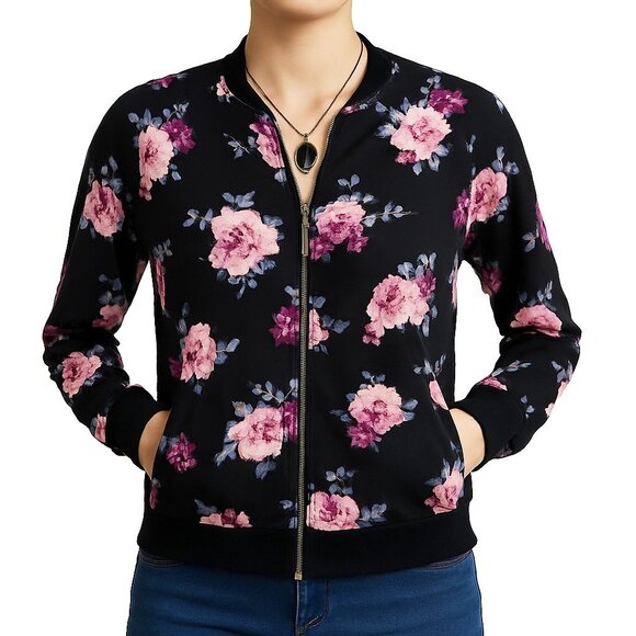 Floral Zip Bomber Jacket S Black Pink Purple Casual Lightweight Boho Everyday - Picture 1 of 16
